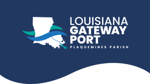 Louisiana Gateway Port, Plaquemines Parish logo on a navy blue background.