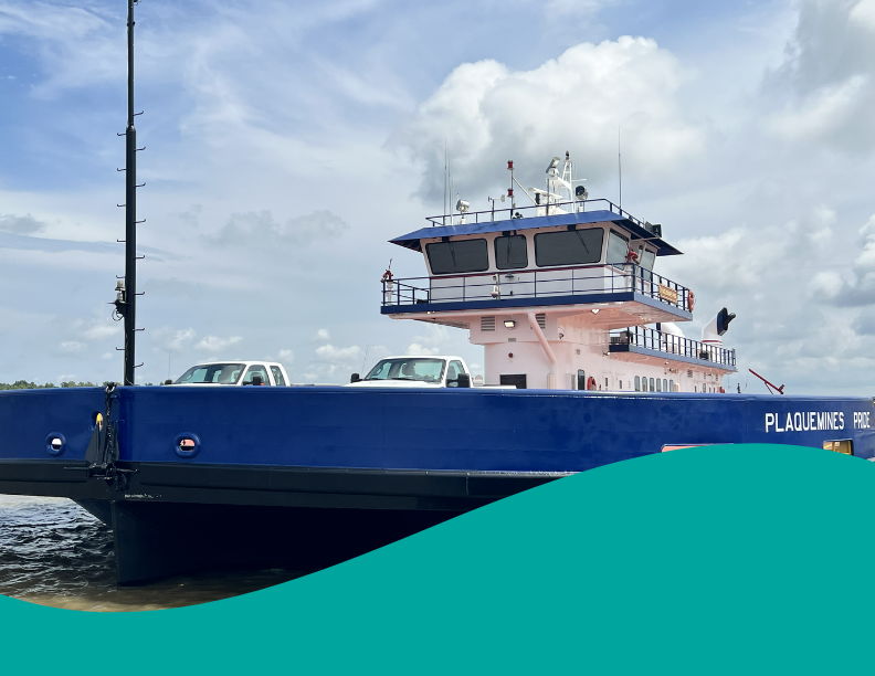 Plaquemines Pride ferry boat with a blue hull and white pilothouse, showing two pickup trucks on deck, partially obscured by a teal graphic.
