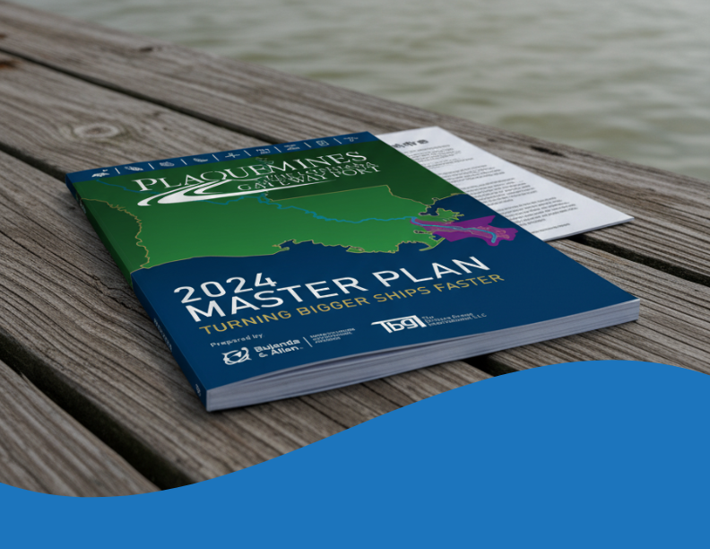 2024 Master Plan for the Plaquemines Parish Port on a wooden dock.