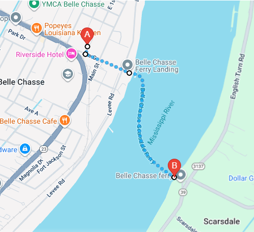 Map showing the Belle Chasse Ferry route across the Mississippi River between the Belle Chasse Ferry Landing and the east bank terminal.
