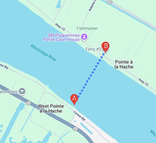 Map showing the Pointe à la Hache Ferry route across the Mississippi River between the west and east bank terminals.